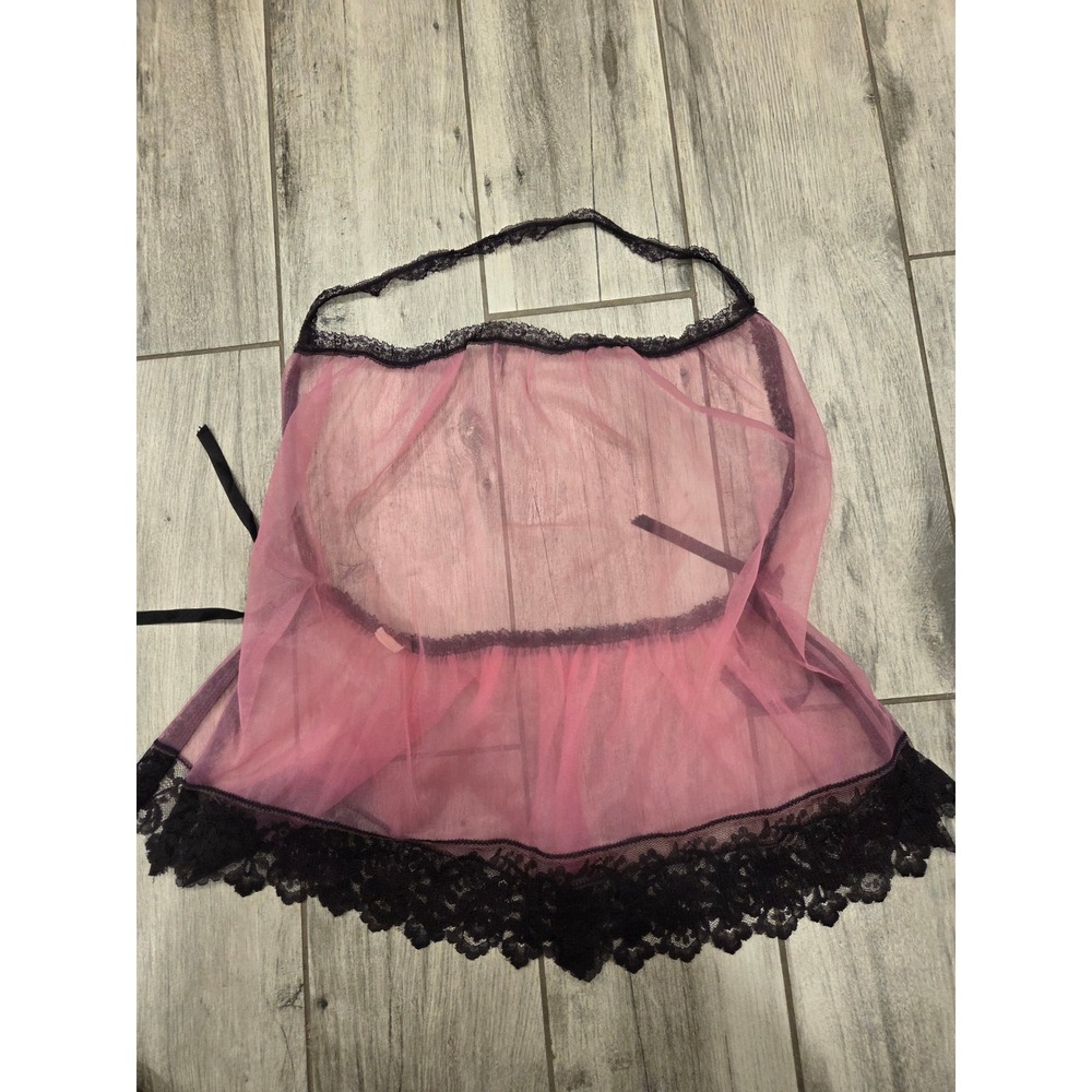 Sheer Pink Babydoll Top Black Lace Trim Halter Tie Slips Lingerie